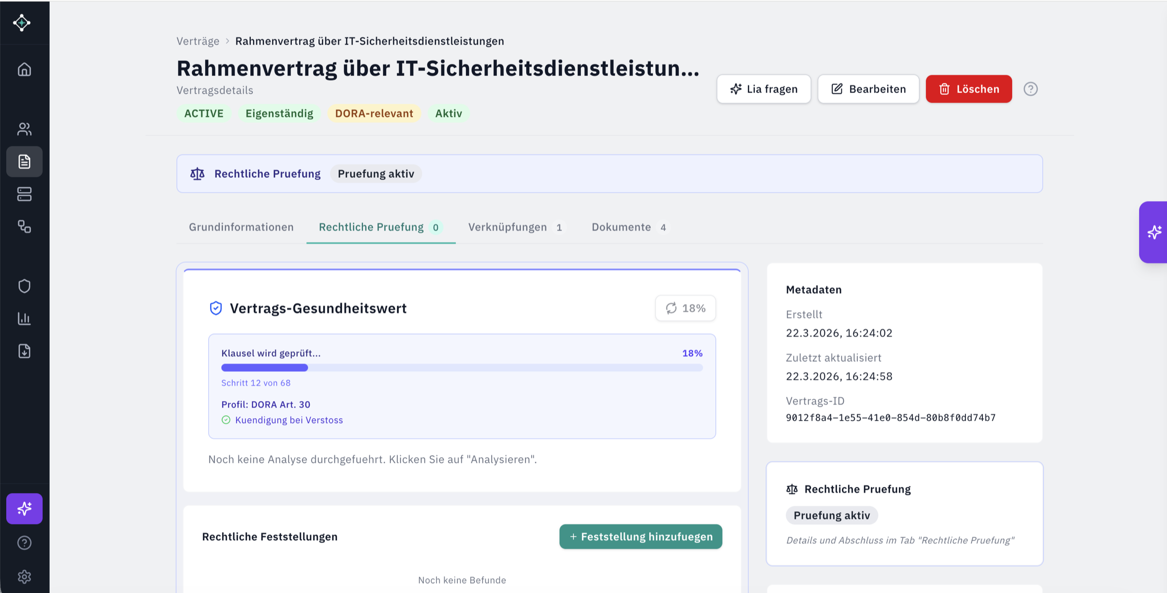 Art. 30 Vertragsprüfung: Automatische Prüfung aller DORA-Pflichtklauseln mit Found, Partial und Missing Status