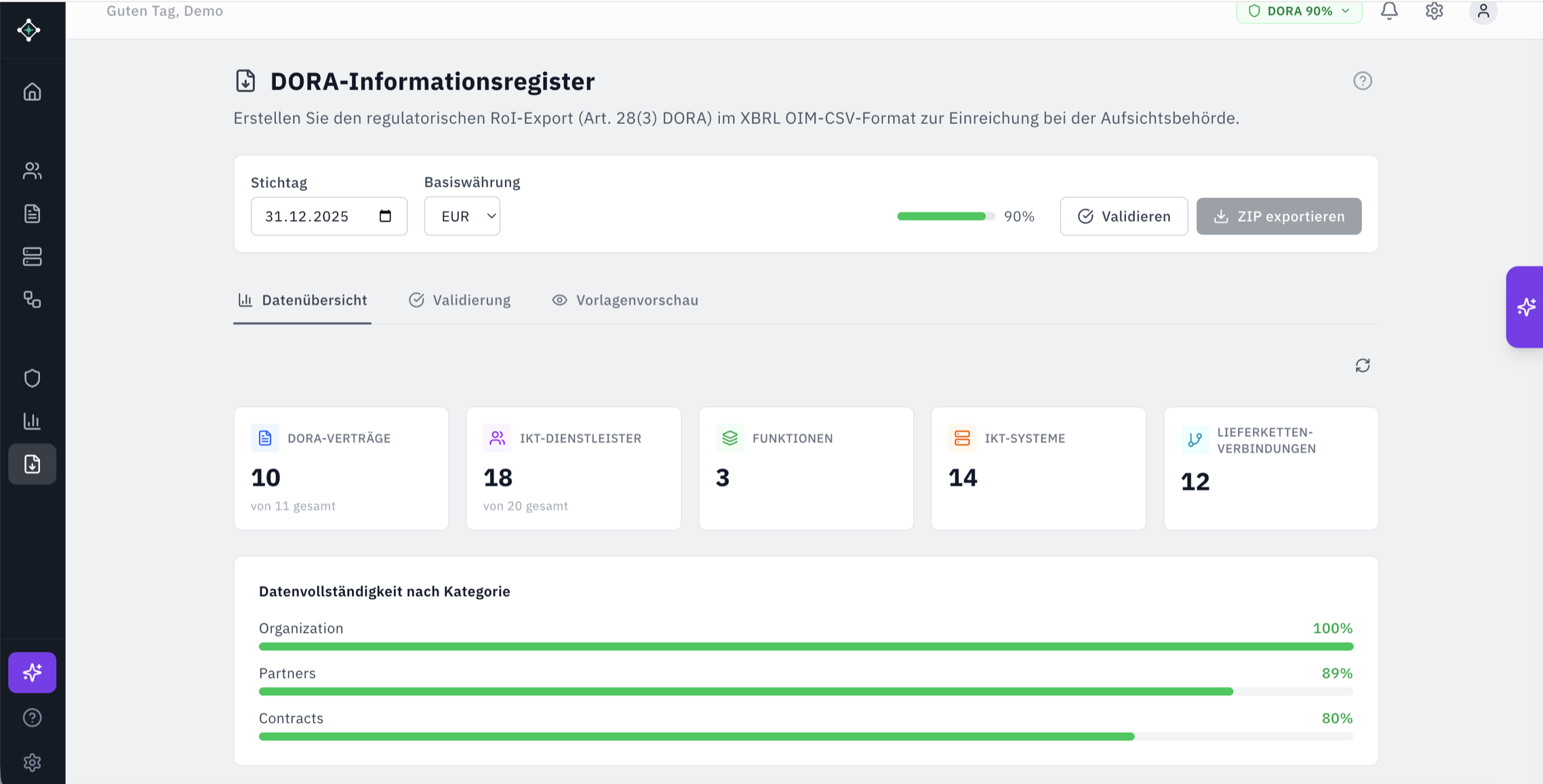 Register of Information: Completeness-Übersicht mit Export-Button im offiziellen DORA-Format