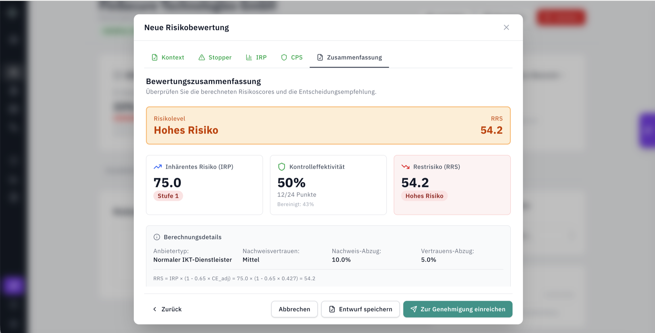 Quantitatives Risikoscoring: Detailseite mit Risk Scores und Handlungsempfehlungen